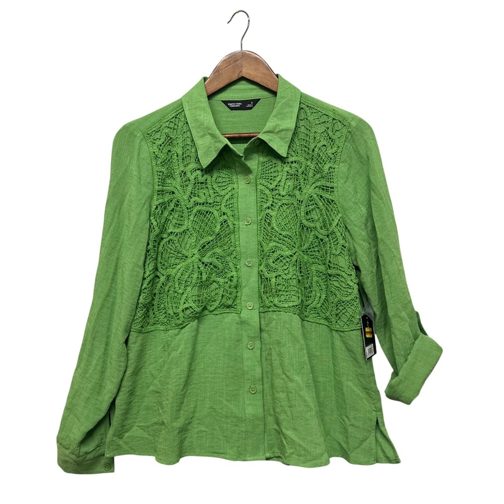 Women's Gauzy Babydoll Tunic Top Size S Kelly Green Crochet Button Up Roll Tab